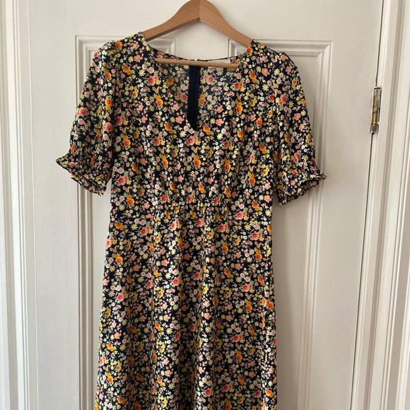 LOFT Black and Orange Puff Sleeve V-Neck Sundress - Picture 1 of 3